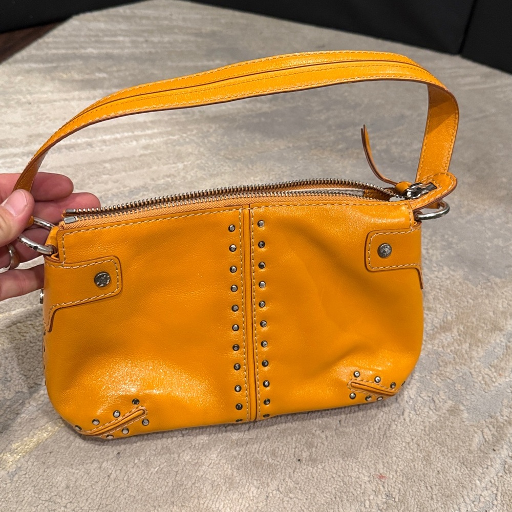 Michael Kors Studded Astor Mini Shoulder Bag Baguette Purse Orange Leather